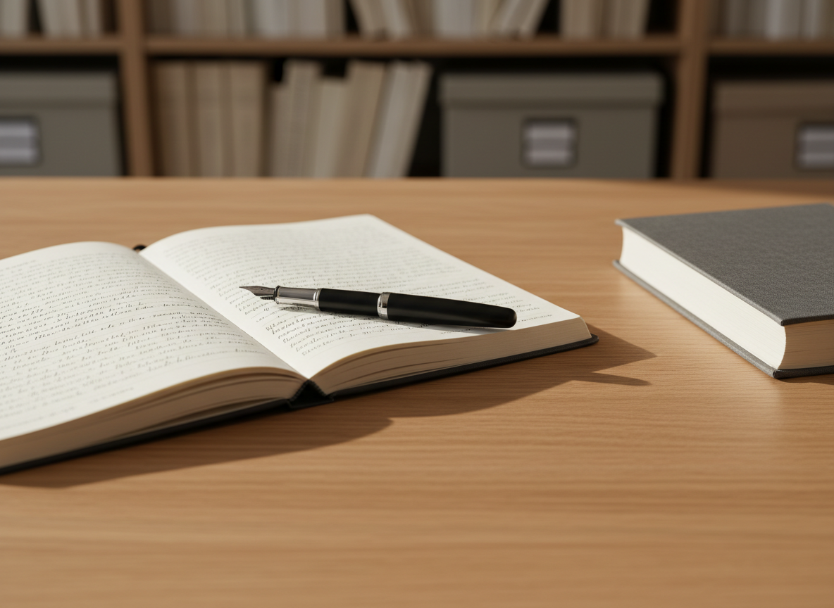A meticulously organized wooden writing desk with a matte black fountain pen resting diagonally across an open cream-colored notebook, filled with neat, small handwritten lines. The desk surface is a warm, lightly grained oak, free of clutter except for a single closed hardback book with a charcoal grey cloth cover. Soft natural daylight comes from an unseen window to the left, casting gentle, elongated shadows and subtle highlights on the pen’s metal clip. The background is softly blurred shelves with neutral-toned books and archival boxes. Photographic realism, eye-level composition, calm and professional mood, with a shallow depth of field emphasizing focus and clarity, suitable for a research and writing portfolio.