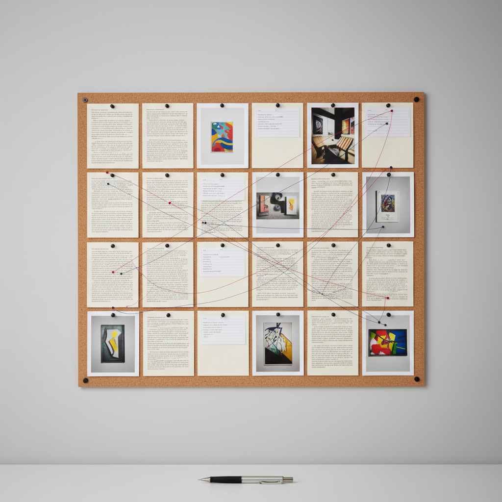 A large, clean corkboard mounted on a pale grey wall, covered with an orderly arrangement of printed research abstracts, index cards, and neatly trimmed photographs of artworks, all pinned with matte black pushpins. Thin red and navy thread connects select cards in a subtle network of lines, suggesting structured curatorial thinking. Below, the edge of a minimalist white desk is visible with a single graphite mechanical pencil resting parallel to the board. Soft, warm studio lighting from the upper right creates gentle vignetting and faint shadows behind each pinned item, adding depth while keeping the scene understated. Photographic realism with a straight-on, eye-level composition, sharp focus throughout, conveying an analytical yet creative professional mood.